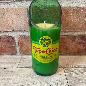 Soy Candle in Slant Cut Topo Chico Bottle | Eco-Friendly Candle | Unique Home Decor | Upcycled Bottle Candle Gift