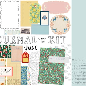 May include: A digital printable kit for journaling with a June theme. The kit includes a variety of papers, cards, and other ephemera with mushroom, floral, and geometric patterns. The kit also includes a sale price tag, a to-do list, and a lined journal card.