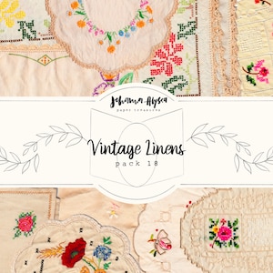 Pacote de roupa de cama vintage digital 18, pacote de papel para impressão, álbum de recortes, bordado digital, florais, costura, cartões de diário, páginas