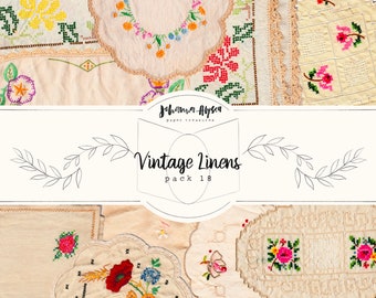 DIGITAL Vintage Linens Pack 18, Printable Paper Pack, Scrapbook, Digital Embroidery, Florals, Stitching, Journal Cards, Pages