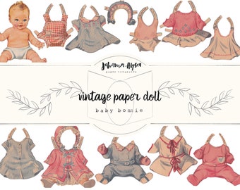 Vintage baby paper doll printable, baby doll with outfits, bonnie doll