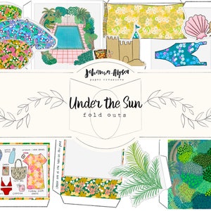 Op de afbeelding: Een printbare papieren knutselset met de titel "Under the Sun fold outs" die een strandscene voorstelt met een zwembad, palmbomen, een zandkasteel, een badpak, schelpen en een strandtas met verschillende spullen.