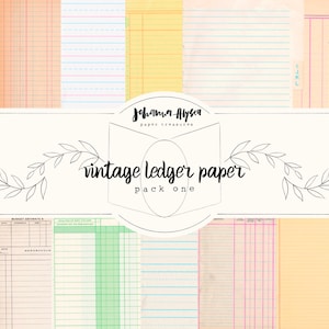 Puede incluir: Un collage digital de papel de contabilidad vintage con diferentes líneas y cuadrículas de colores. El papel tiene un aspecto desgastado y envejecido. El texto "vintage ledger paper pack one" está en el centro de la imagen.