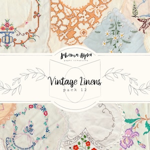 Pacote de linho vintage digital 12, pacote de papel para impressão, álbum de recortes, bordado digital, florais, costura, cartões de diário, páginas