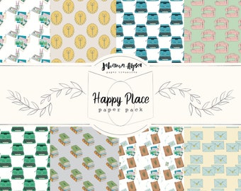 Happy Place, digital paper, printable paper pack, pack of 8