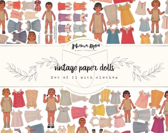 Set of 11 vintage paper dolls with clothing, 1930’s paper dolls junk journal ephemera