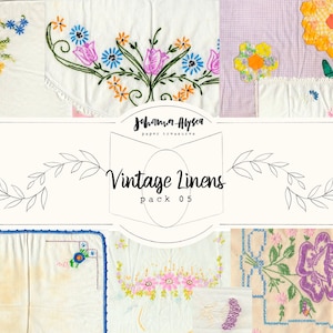 May include: A collage of five vintage linen handkerchiefs with embroidered floral designs. The handkerchiefs are in various shades of pink, yellow, blue, and purple. The text "Vintage Linens Pack 05" is displayed in the center of the image.