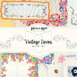 DIGITAL Vintage Linens Pack 01, Pacote de papel para impressão, Scrapbook, Bordado digital, Florais, Costura, Cartões de diário, Páginas