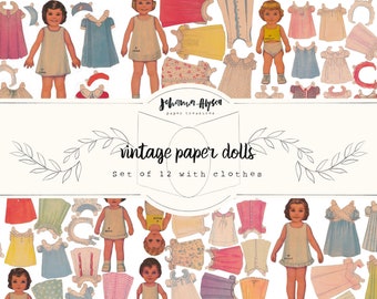 Set of 12 vintage paper dolls with clothing, 1930's paper dolls junk journal ephemera