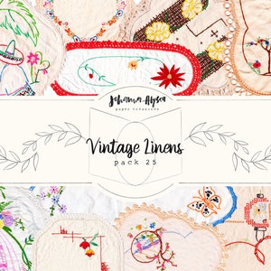 May include: A collection of 25 vintage embroidered linen tea towels with various designs, including a palm tree, flowers, a butterfly, and a tree. The towels are white with colorful embroidery and some have crocheted edges.