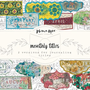 Peut inclure: Un ensemble de cartes de titre mensuelles imprimables pour la tenue d'un journal. Les cartes présentent une variété de designs d'inspiration vintage avec des motifs floraux et une calligraphie ornée. Le texte sur les cartes comprend les mois de l'année, tels que janvier, février, mars, avril, mai, juin, juillet, août, septembre, octobre, novembre et décembre.
