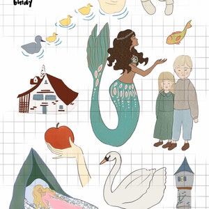 May include: A digital collage sheet with a whimsical fairytale theme. The sheet features illustrations of a mermaid, a swan, a sleeping princess, a mushroom, a house, a tower, a duck, a fish, and an apple. The sheet is titled "Enchanted Collage Sheet" with the text "Little Bindy" in a handwritten font.