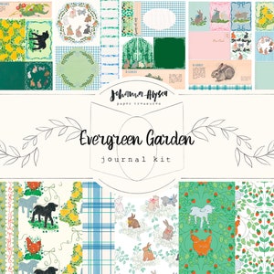Evergreen Garden digitaal plakboekpakket, paaspapierpakket, boerderijdieren, babyboek