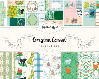 Evergreen Garden digitaal plakboekpakket, paaspapierpakket, boerderijdieren, babyboek