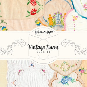 DIGITAL Vintage Linens Pack 14, Printable Paper Pack, Scrapbook, Digital Embroidery, Florals, Stitching, Journal Cards, Pages