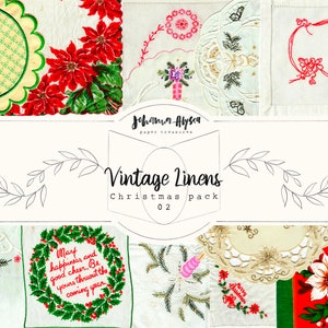 May include: A collection of vintage Christmas linens with embroidered designs. The linens feature a variety of holiday themes, including poinsettias, holly, and wreaths. The text "Mart happiness and good cheer. Be yours thruout the coming year" is embroidered on one of the linens.