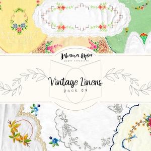 DIGITAL Vintage Linens Pack 09, Pacote de papel para impressão, Scrapbook, Bordado digital, Florais, Costura, Cartões de diário, Páginas