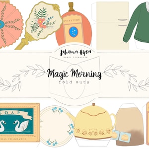 Puede incluir: Un conjunto de manualidades de papel imprimible con un tema caprichoso. El conjunto incluye una tetera, un plato, una pastilla de jabón, un frasco de perfume, un espejo de mano, un suéter y un refrigerador. El conjunto se titula "Magic Morning Fold Outs".