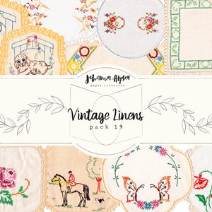 DIGITAL Vintage Linens Pack 19, Printable Paper Pack, Scrapbook, Digital Embroidery, Florals, Stitching, Journal Cards, Pages image 1