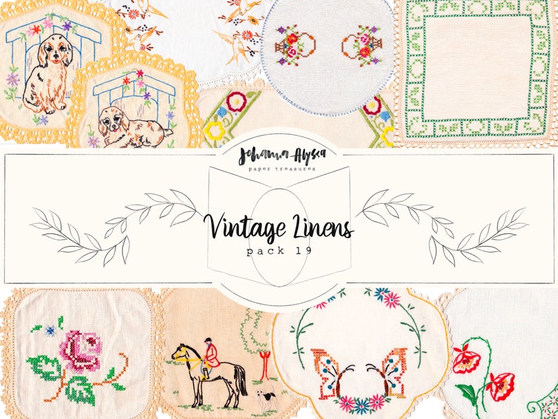 DIGITAL Vintage Linens Pack 19, Printable Paper Pack, Scrapbook, Digital Embroidery, Florals, Stitching, Journal Cards, Pages image 1