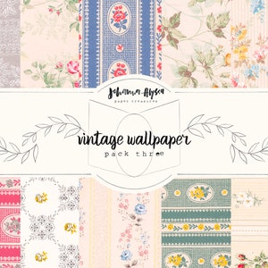 Könnte beinhalten: Eine digitale Collage aus zehn Vintage-Tapetenmustern mit floralen Designs in den Farben Rosa, Blau, Gelb und Grün. Der Text "vintage wallpaper pack three" wird in der Mitte des Bildes angezeigt.