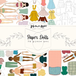 Papierpuppen, 76 Teile, komplettes Set, illustrierte Papierpuppen, Sleepover Papierpuppenset, Pyjamaparty, Junk Journal Ephemera, Scrapbooking