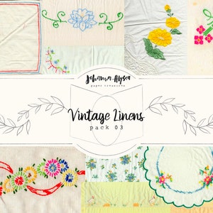 May include: A collection of vintage linen handkerchiefs with various embroidered designs, including floral patterns, a bird, and a geometric design. The handkerchiefs are white with a light cream background. The text "Vintage Linens Pack 03" is displayed on a white background with a black border.