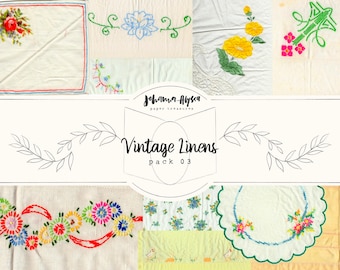 DIGITAL Vintage Linens Pack 03, Printable Paper Pack, Scrapbook, Digital Embroidery, Florals, Stitching, Journal Cards, Pages