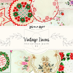 DIGITAL Vintage Linens Pack, Natal, Pacote de papel para impressão, Scrapbook, Bordado digital, Bordado, Cartões de diário, Páginas