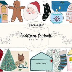 May include: A set of 14 printable Christmas foldouts, including a gingerbread person, Santa Claus, a Christmas stocking, a Christmas tree, a house, a mailbox, a Christmas ornament, a sweater, and a Christmas card. The text "Christmas foldouts set of 14" is printed on the page.