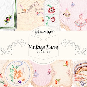 DIGITAL Vintage Linens Pack 24, Printable Paper Pack, Scrapbook, Digital Embroidery, Florals, Stitching, Journal Cards, Pages image 1