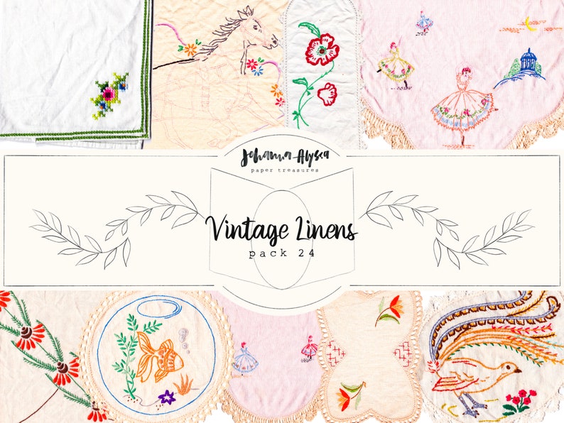 DIGITAL Vintage Linens Pack 24, Printable Paper Pack, Scrapbook, Digital Embroidery, Florals, Stitching, Journal Cards, Pages image 1