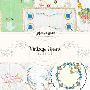 DIGITAL Vintage Linens Pack 10, Pacote de papel para impressão, Scrapbook, Bordado digital, Florais, Costura, Cartões de diário, Páginas