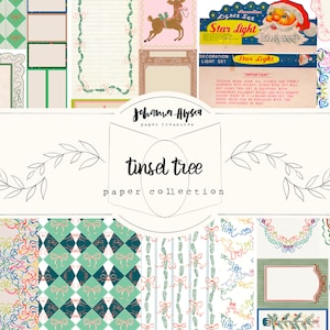 May include: A digital paper collection with a green and white checkered pattern, a green and white pattern with bows, a white background with colorful ribbons, and a white background with a green garland. The text "tinsel tree paper collection" is in the center of the image.