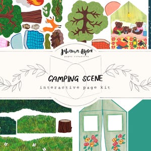 Scena di campeggio in un junk journal, pagina interattiva, kit di effimeri