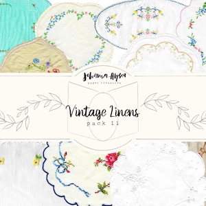 DIGITAL Vintage Linens Pack 11, Pacote de papel para impressão, Scrapbook, Bordado digital, Florais, Costura, Cartões de diário, Páginas