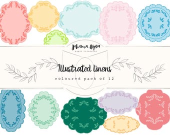 Vintage linens, illustrated linens, junk journal kit, printable cards, 12 pack