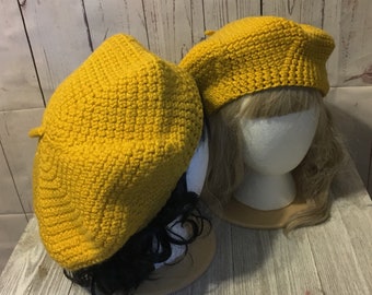 French Style Beret.  Mustard. Crochet. Small Medium Large.  Ready to Ship.