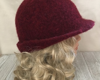 Classic 1920’s hand felted wool cloche hat. Burgundy Heather.  Ready to Ship.