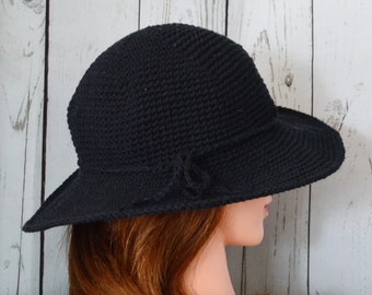 Packable Woman's Sun Hat. Handmade. Wide Brimmed.  Cotton Blend.  Garden. Travel. Hiking. Beach.  Color Black. Medium. Large.