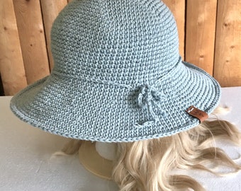 Packable Woman's Sun Hat. Handmade. Wide Brimmed.  Cotton Blend.  Garden. Travel. Hiking. Beach.  Color Pale Denim. Medium. Large.
