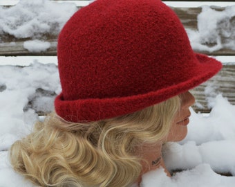 Classic 1920’s hand felted wool cloche hat. Dark Red.  Ready to Ship.