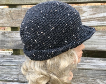 Lightweight, Handmade. Wool. Tweed. Packable Narrow Brimmed Cloche Hat.  Coal.  Size Small, Medium, Large.