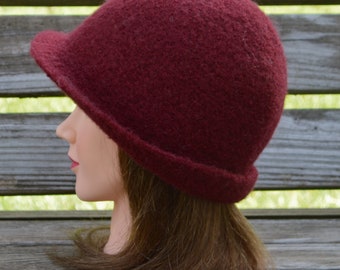 Classic 1920’s hand felted wool cloche hat. Burgundy.   Ready to Ship.