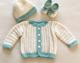 Off white baby boy set. Cardigan, Beanie, Booties.  Infant Sweater Set size 0-3 months,  New baby, Baby Shower Gift