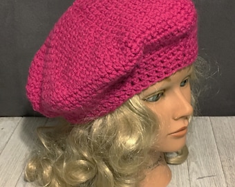 French Style Beret Berry Pink. Crochet. Small Medium Large.  Ready to Ship.