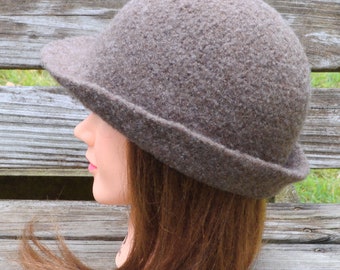 Classic 1920’s hand felted wool cloche hat. Light Brown Heather.  24" Ready to Ship