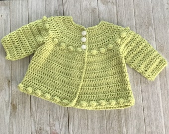 Green baby cardigan. Ready to Ship in size 3-6 months