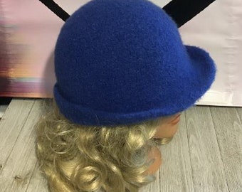 Classic 1920’s hand felted wool cloche hat. Royal Blue. Blue Velvet.  Made to Order
