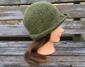 Lightweight, Handmade. Wool. Tweed. Packable Narrow Brimmed Cloche Hat.  Olive.  Size Small, Medium, Large.